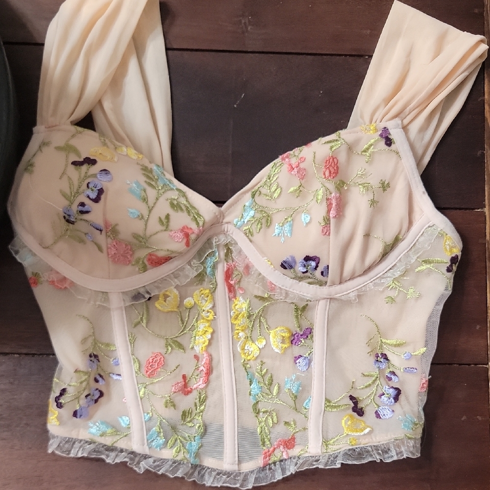 Cream and Purple Embellished Sleeveless Top